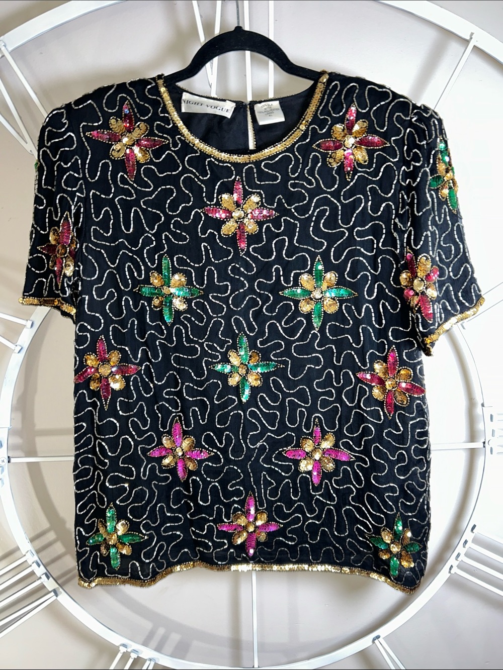 Vintage 1980’s 100% Silk Night Vogue Embellished Floral Sequin and Beaded Blouse